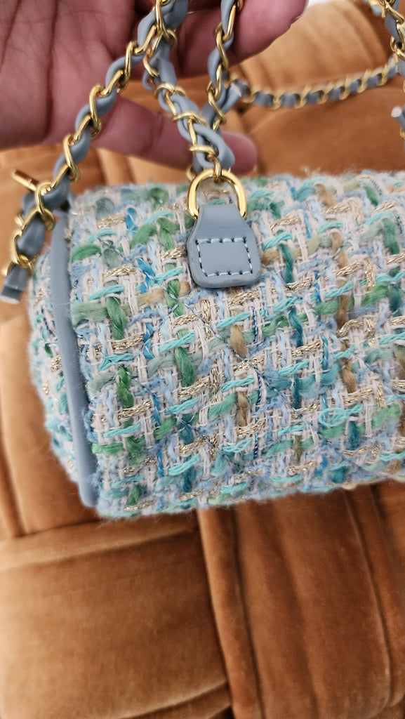 Luxury Blue Tweed Mini Barrel Bag with Gold Chain Strap – Designer-Inspired Crossbody Purse for Women