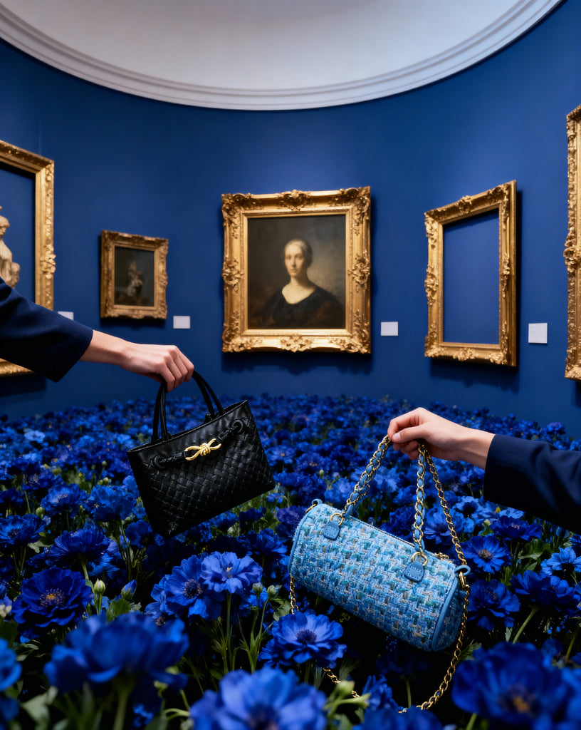 Luxury Blue Tweed Mini Barrel Bag with Gold Chain Strap – Designer-Inspired Crossbody Purse for Women