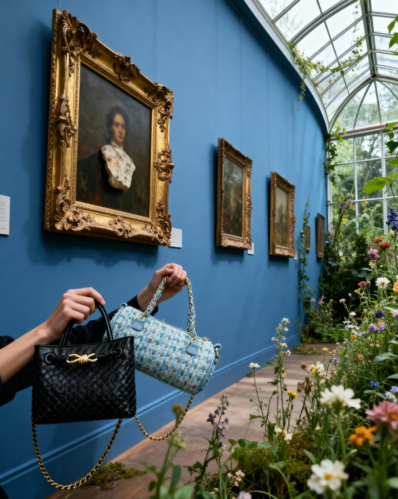 Luxury Blue Tweed Mini Barrel Bag with Gold Chain Strap – Designer-Inspired Crossbody Purse for Women